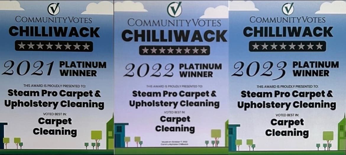 CommunityVotes Chilliwack Platinum Winner certificates from 2021 to 2023 for Steam Pro carpet cleaning