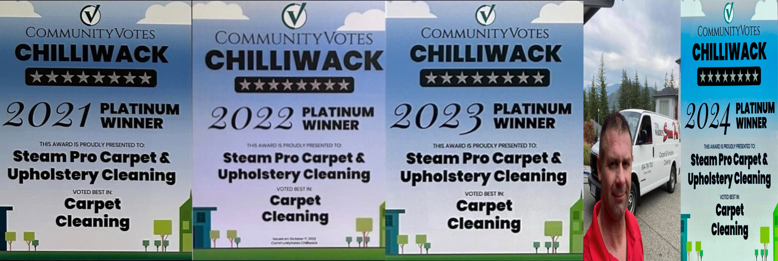 CommunityVotes Chilliwack Platinum Winner certificates from 2021 to 2024 with Tim Warden and the Steam Pro van