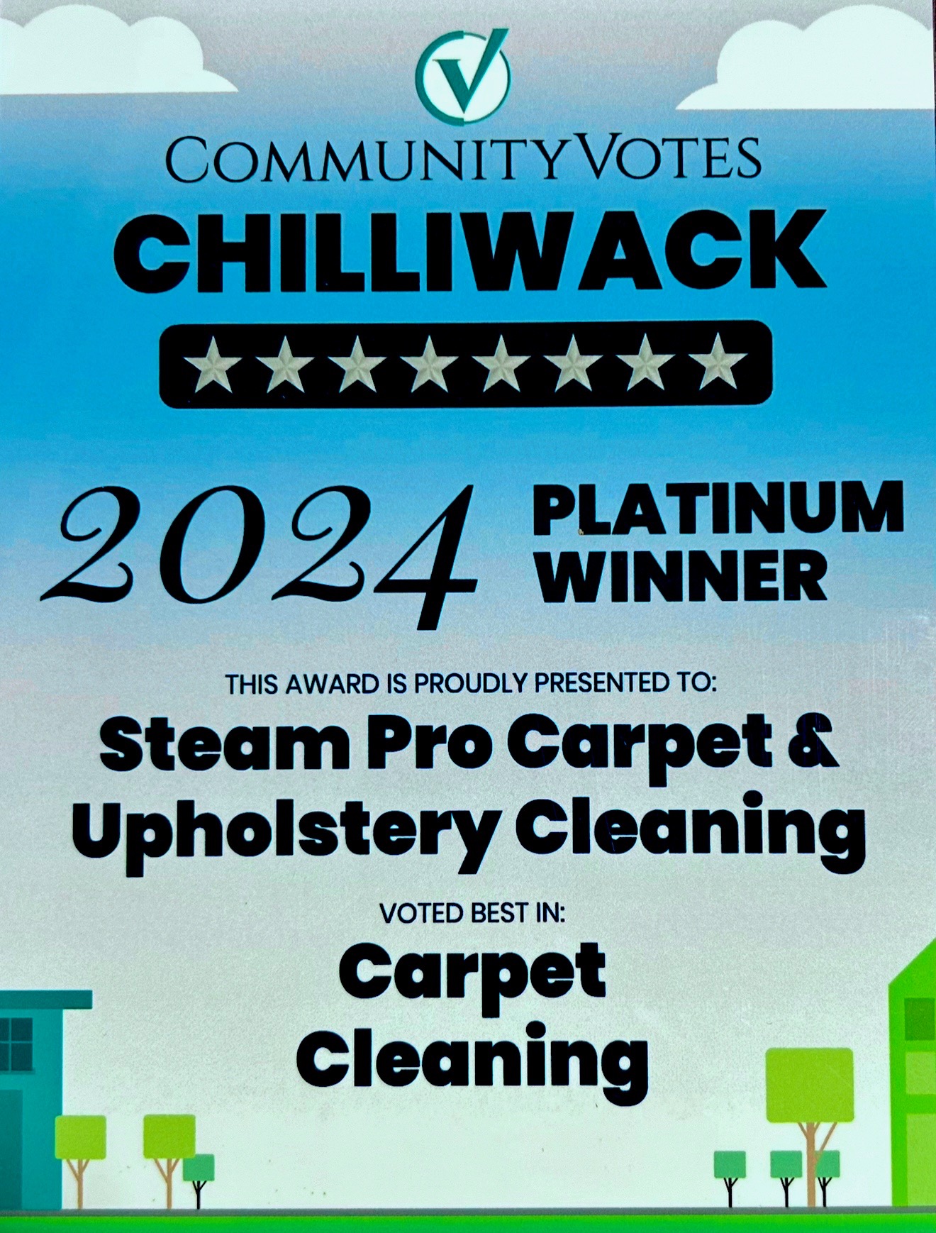 CommunityVotes Chilliwack 2024 Platinum Winner certificate for Steam Pro carpet cleaning