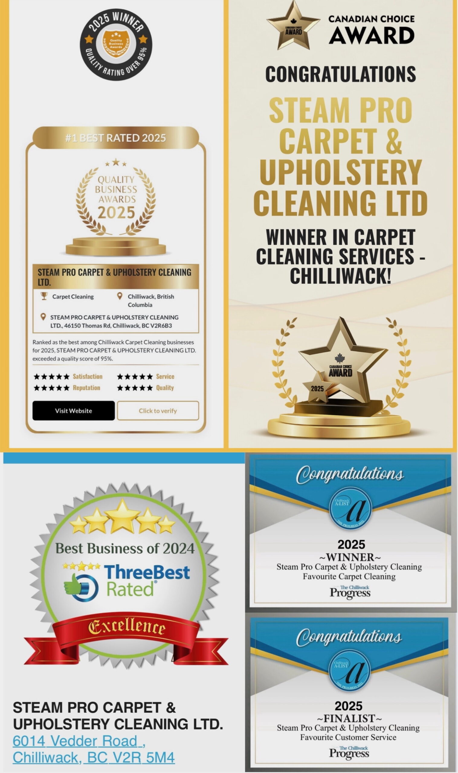 Steam Pro 2025 awards collage showing Quality Business Awards, Canadian Choice Award, ThreeBestRated, and Chilliwack Progress recognition