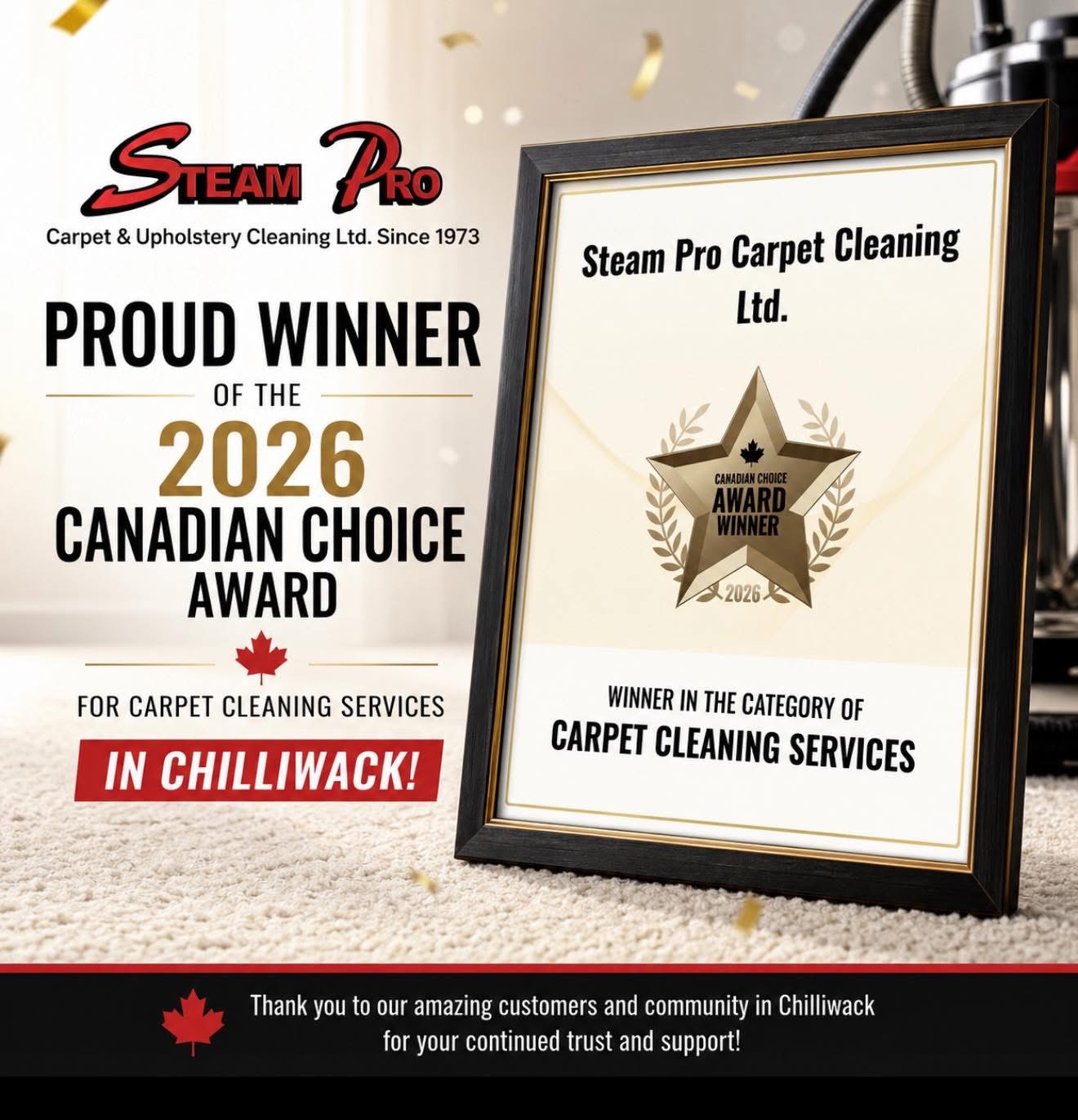 Steam Pro 2026 Canadian Choice Award winner for carpet cleaning services in Chilliwack