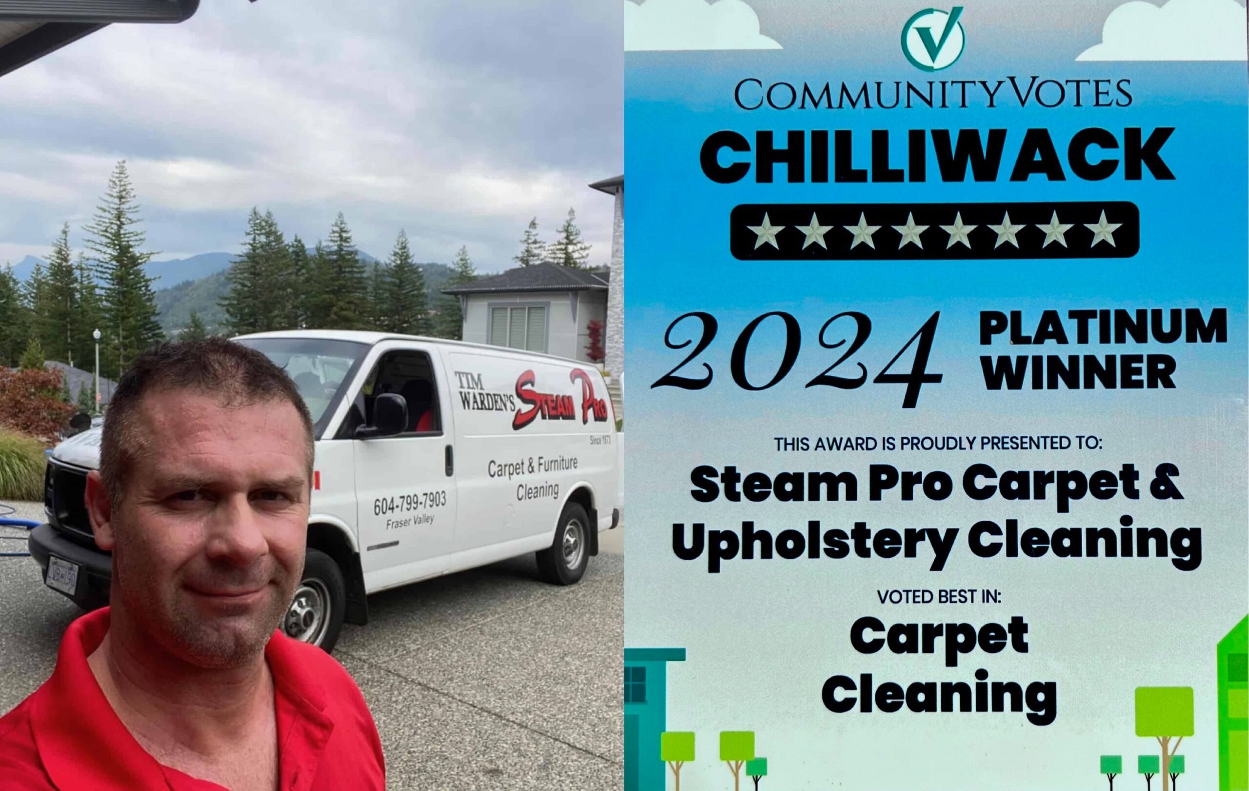 Tim Warden with the Steam Pro van and 2024 CommunityVotes Chilliwack Platinum award